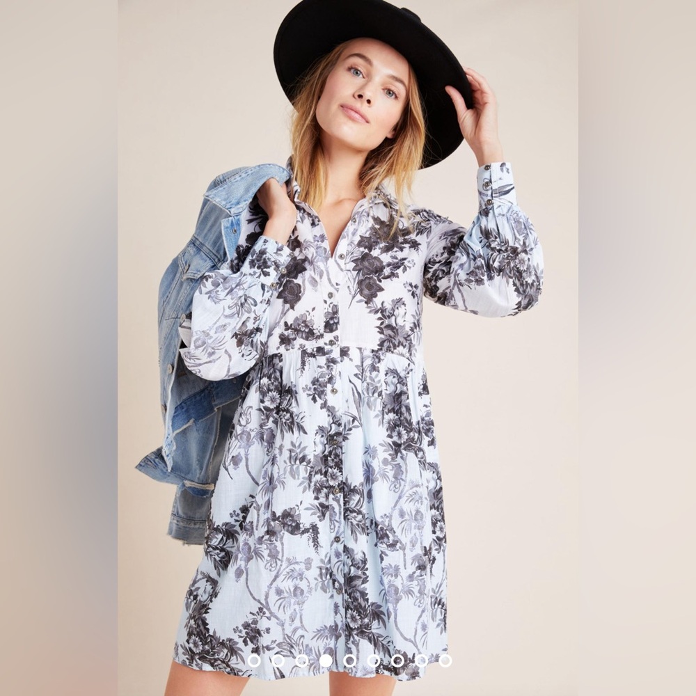 NWOT Anthropologie Lavinia Shirt Dress White Blue Ombre Toile Floral Sz 2